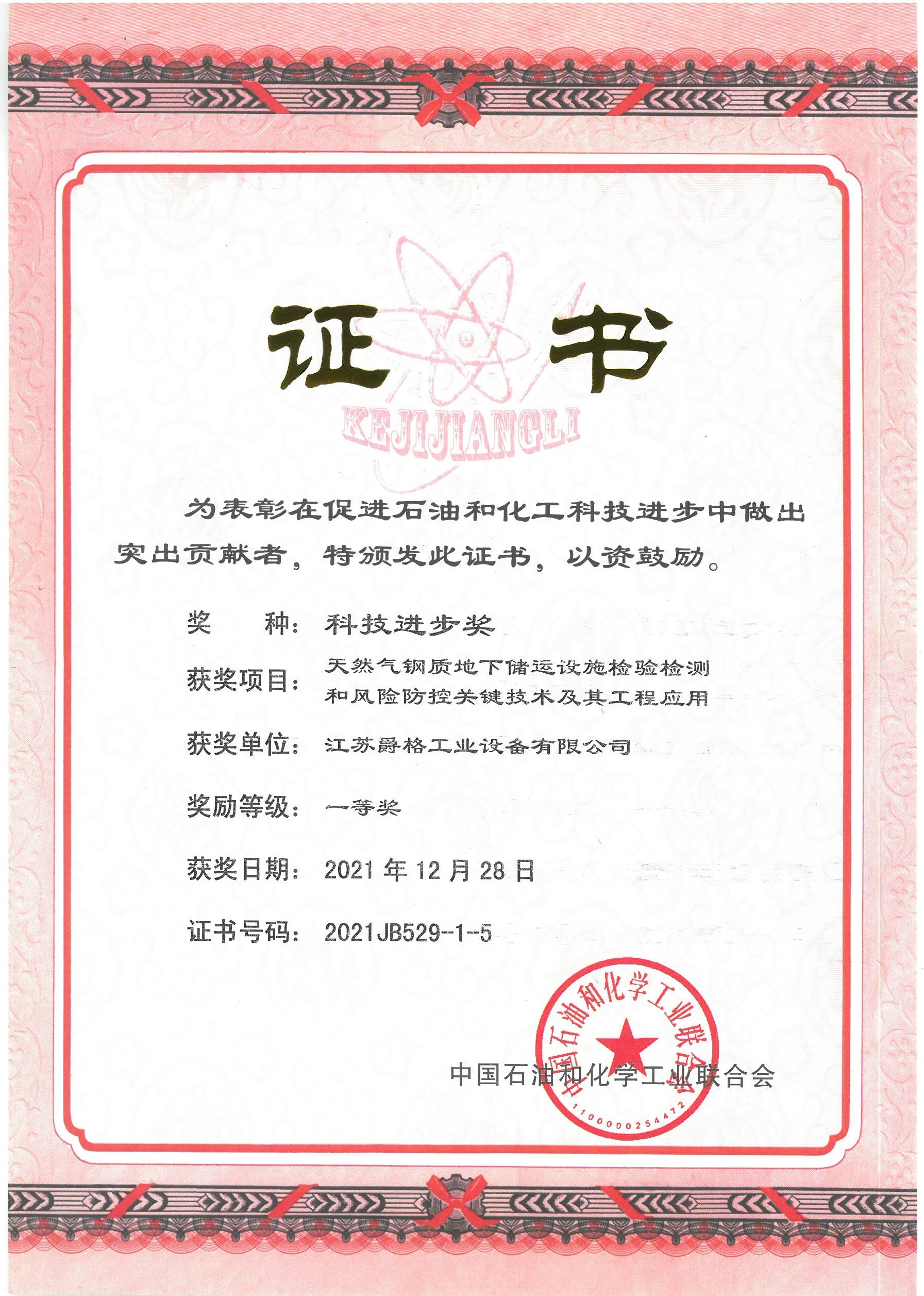 中国化工和工业联合会科技进步奖一等奖
